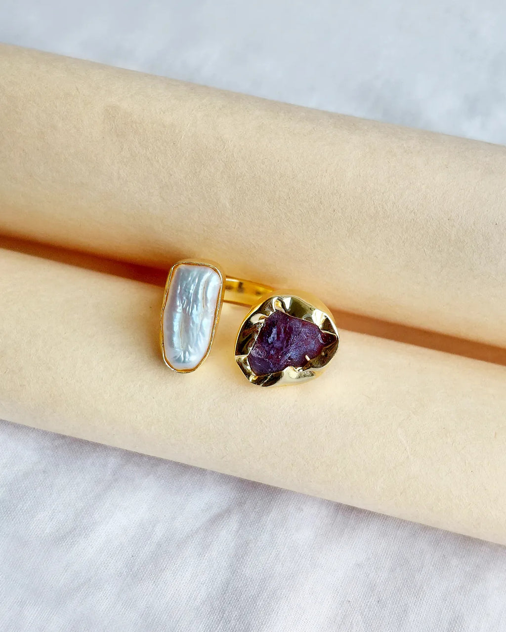 Amethyst and pearl adjustable ring front view