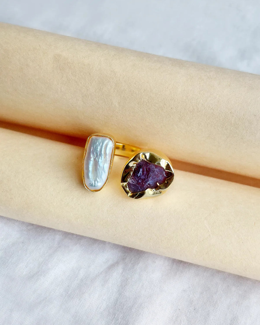 Amethyst and pearl adjustable ring front view