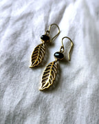 Black stone gold leaf drop earrings