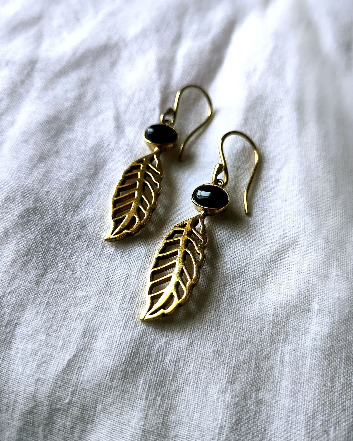 Black stone gold leaf drop earrings