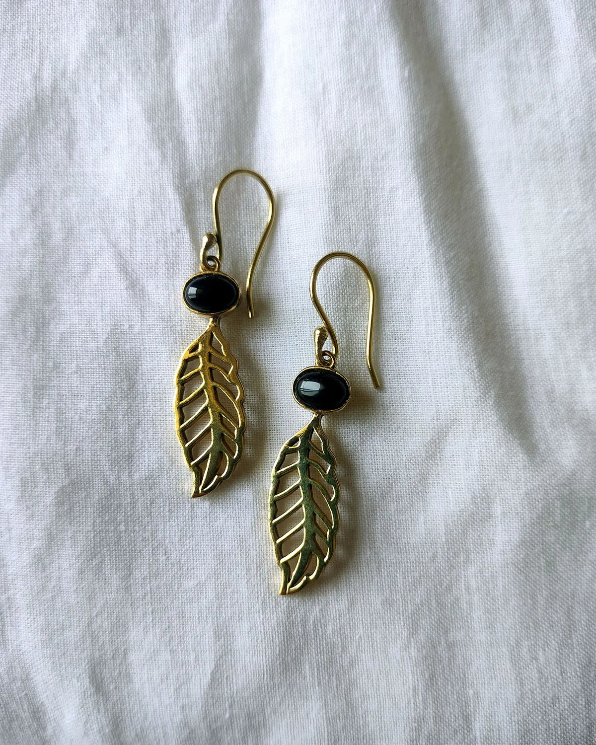 Black stone gold leaf drop earrings