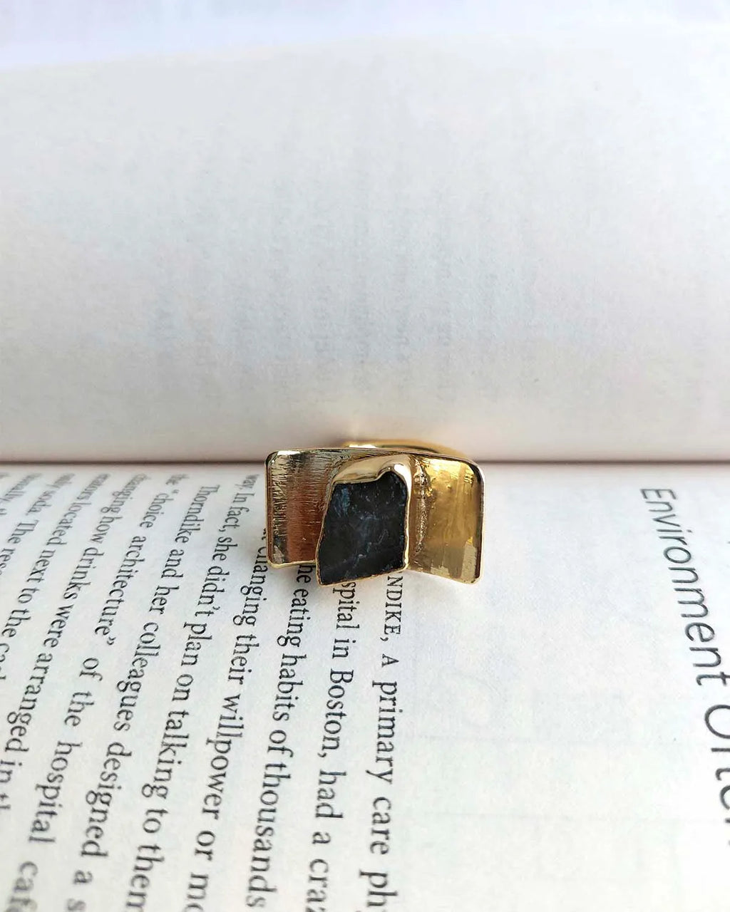Black Tourmaline 18K gold plated statement ring front view