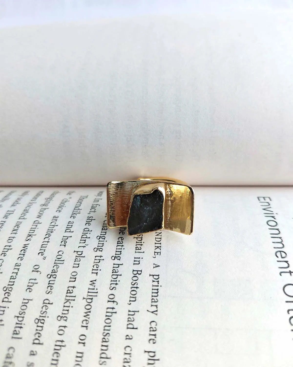 Black Tourmaline 18K gold plated statement ring front view