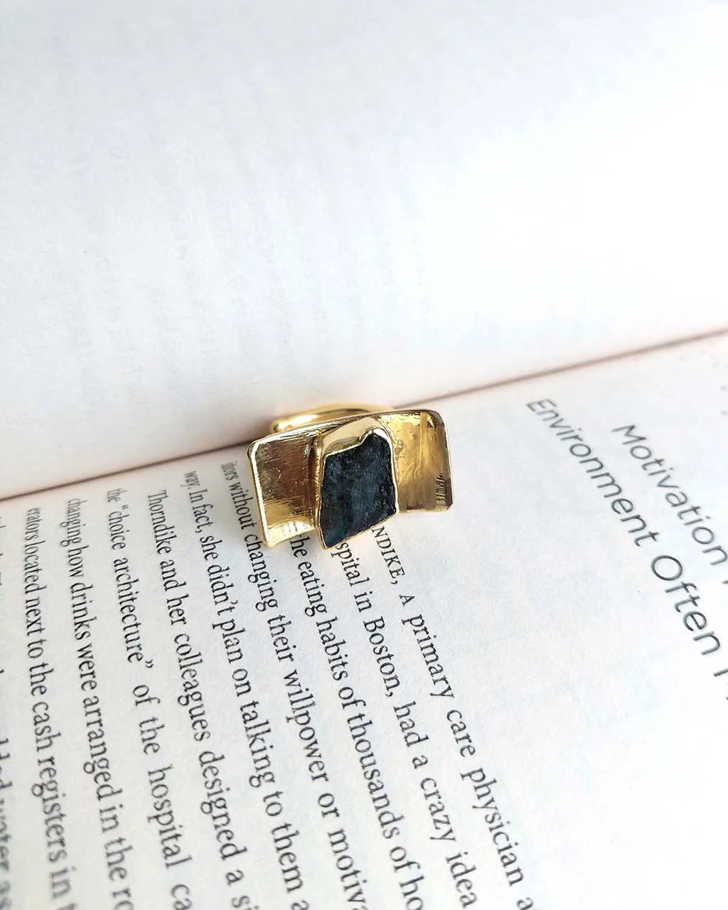Black Tourmaline 18K gold plated statement ring close-up