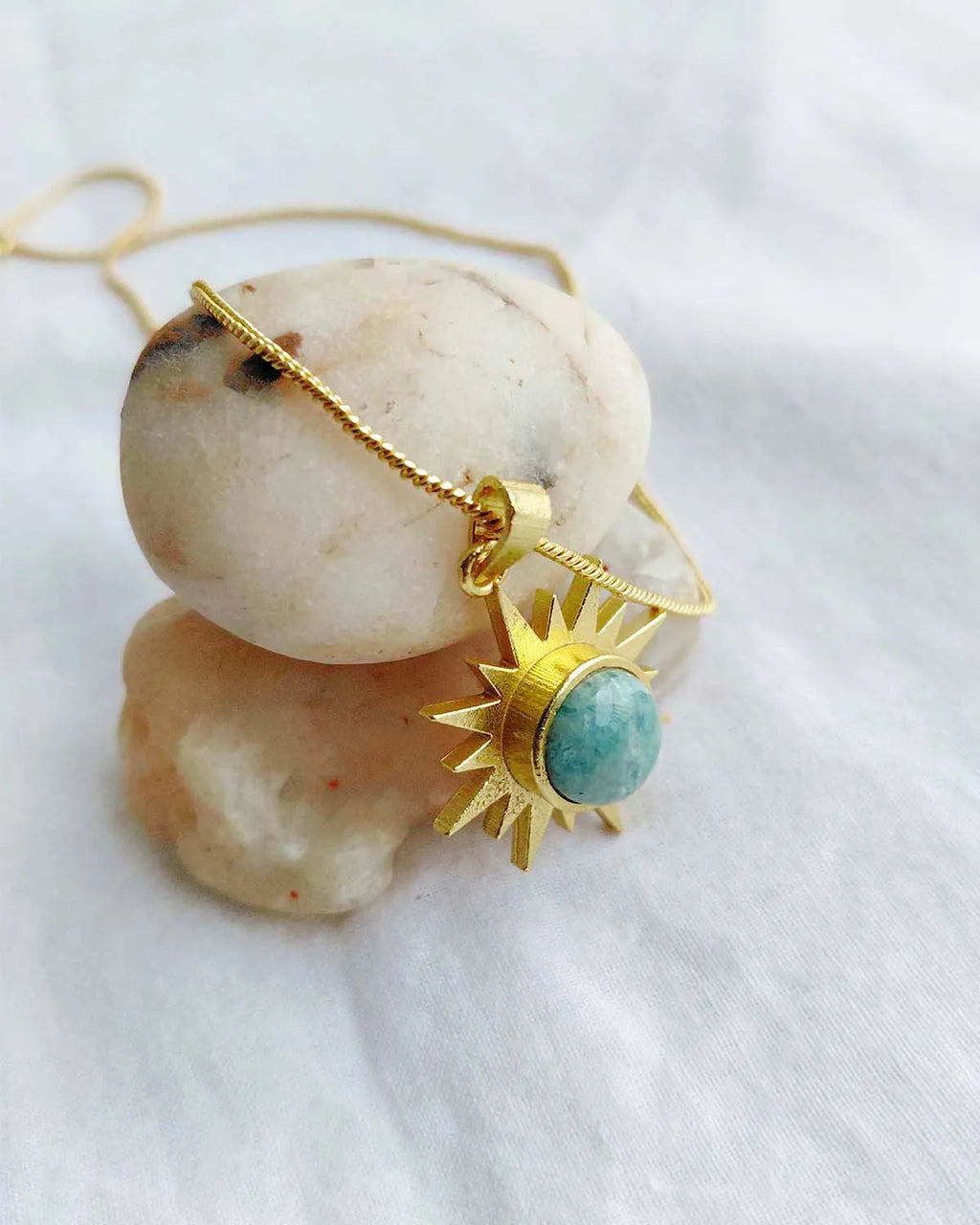 Amazonite Sunburst Muse 18K gold plated necklace close-up