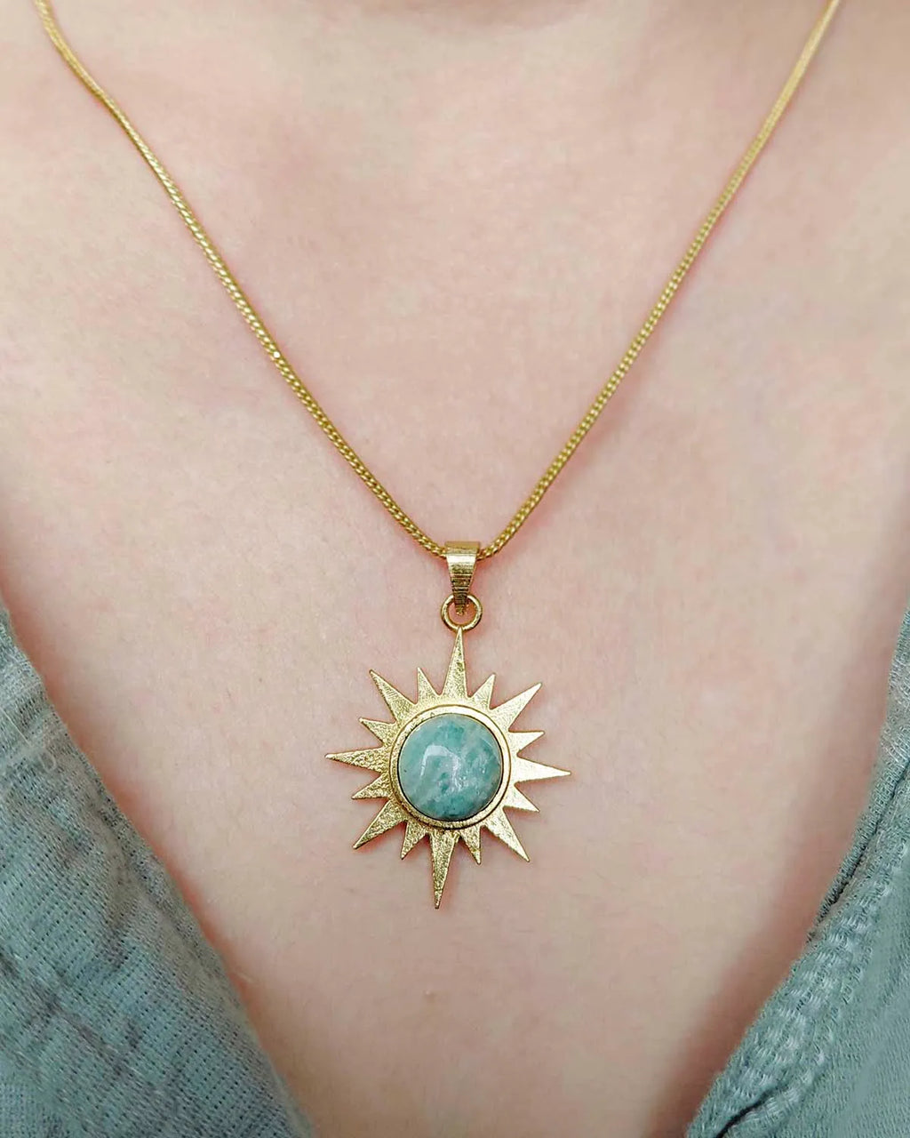 Amazonite Sunburst Muse gold plated necklace worn on model