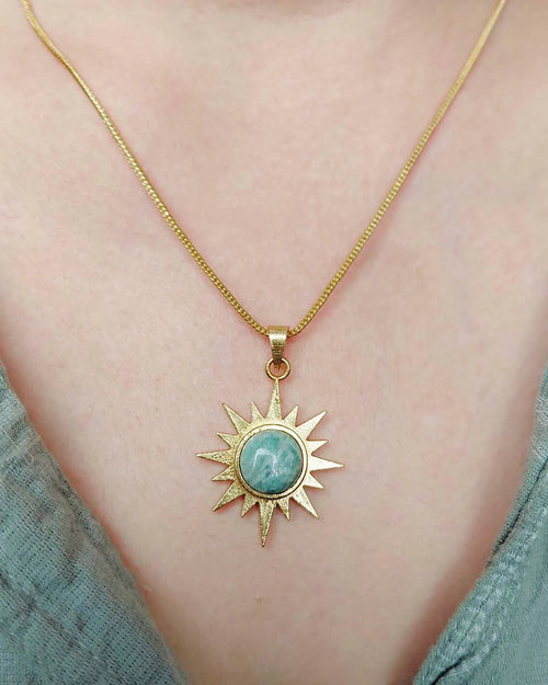 Amazonite Sunburst Muse gold plated necklace worn on model
