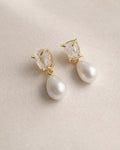 Clear Quartz and pearl drop earrings close-up