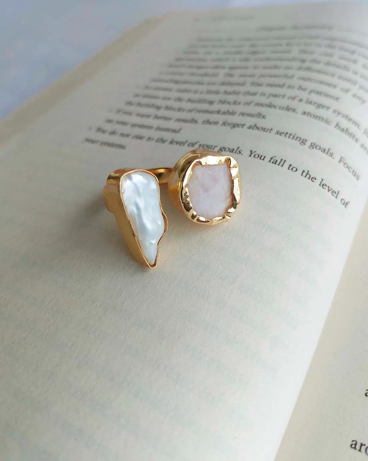 Gold plated dual stone ring with white and blush natural stones
