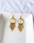 Moonstone gold tassel earrings front view