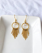 Moonstone gold tassel earrings front view