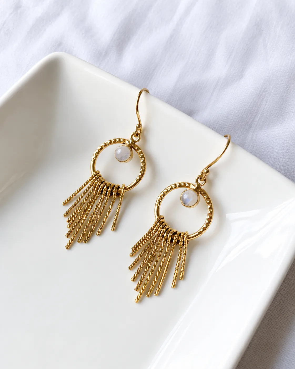 Moonstone gold tassel earrings detail