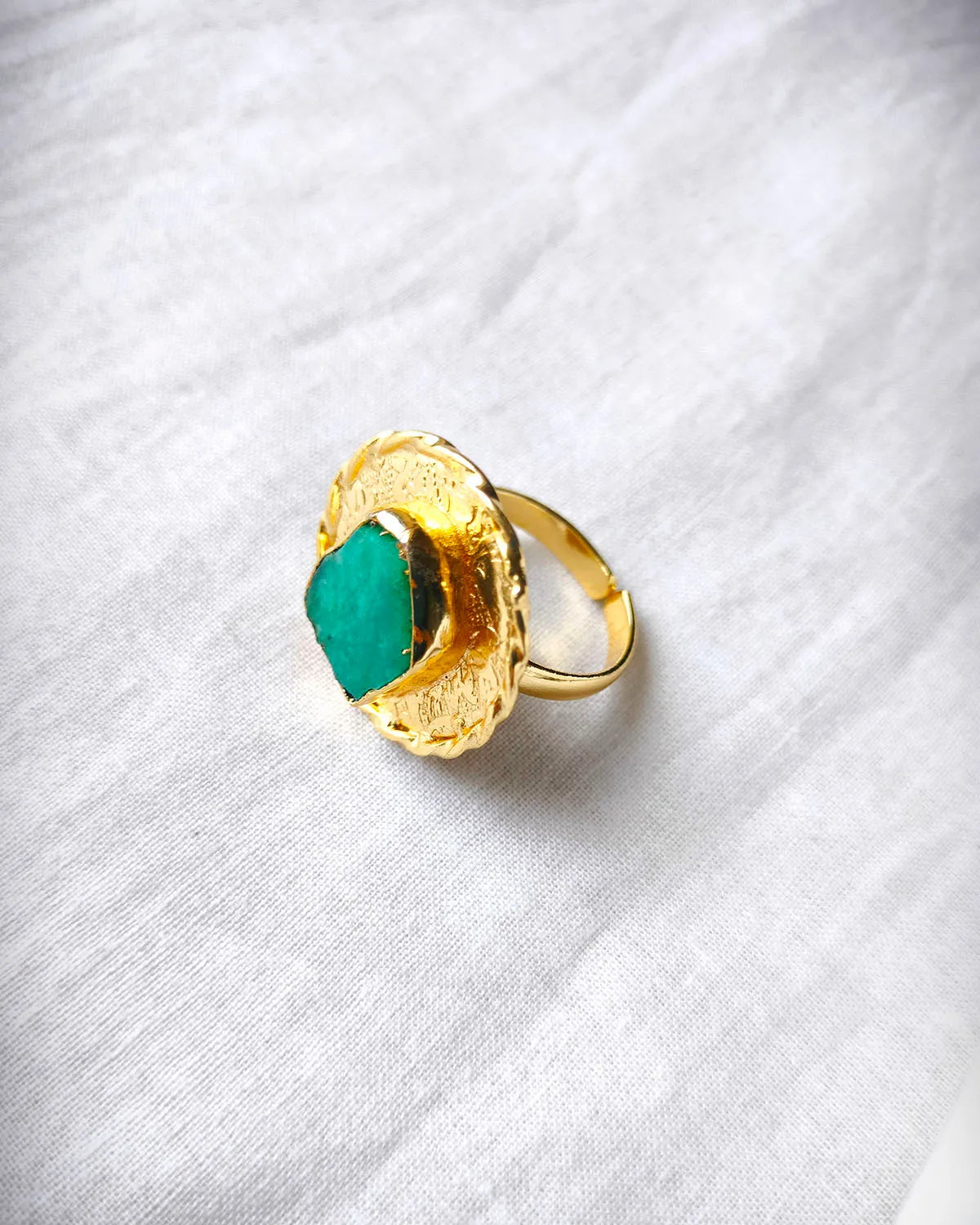 Green aventurine textured gold statement ring side view