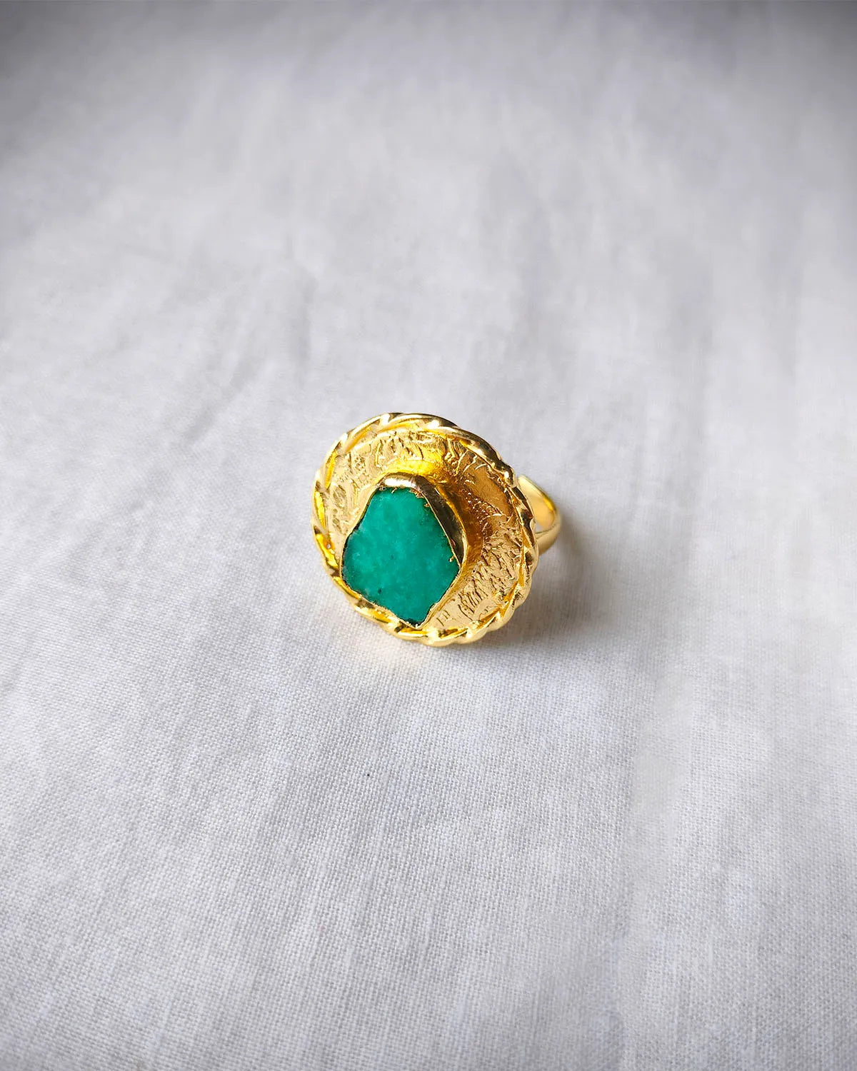 Green aventurine textured gold statement ring front view
