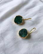 Green raw stone gold drop earrings - view 2