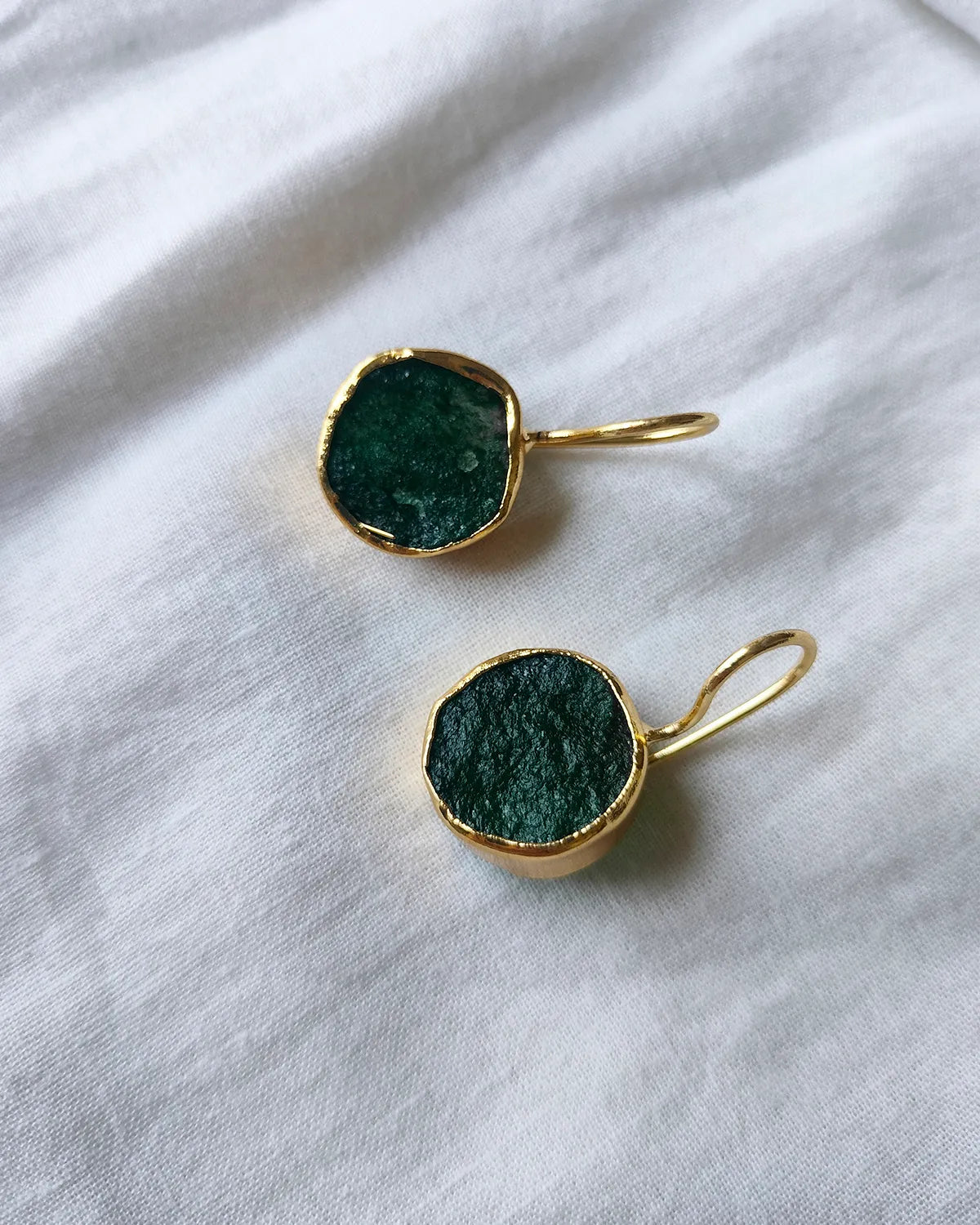 Green raw stone gold drop earrings - view 2