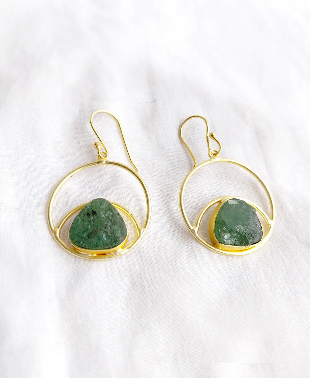 Green stone gold orbit earrings front view