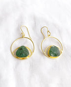 Green stone gold orbit earrings front view
