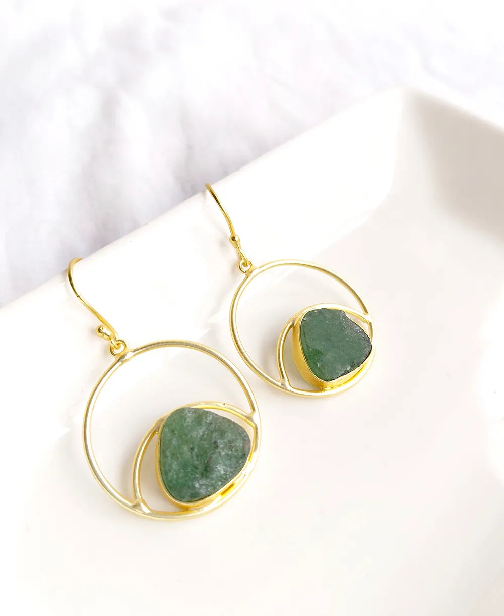 Green stone circular earrings angled view