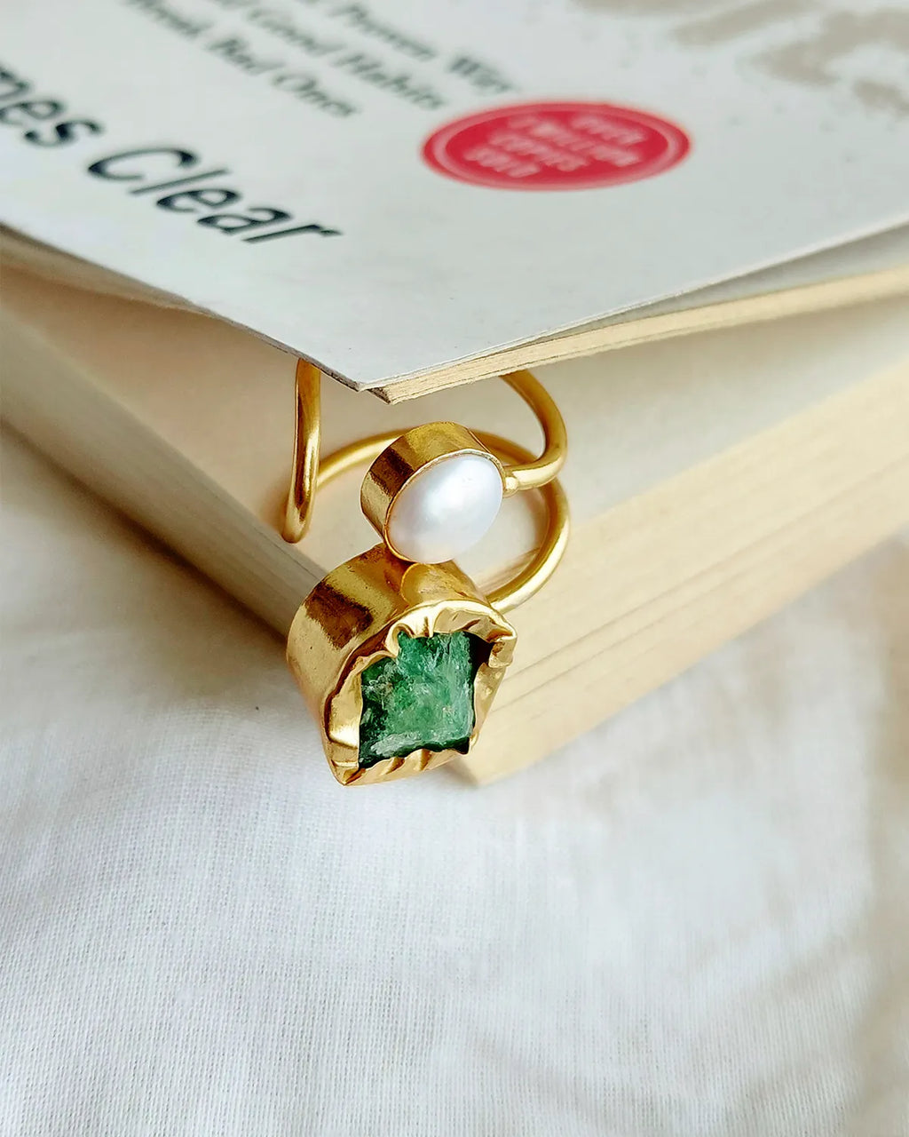 Green natural stone and pearl adjustable gold ring lifestyle view