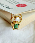 Green natural stone and pearl adjustable gold ring lifestyle view