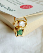 Green natural stone and pearl adjustable gold ring lifestyle view