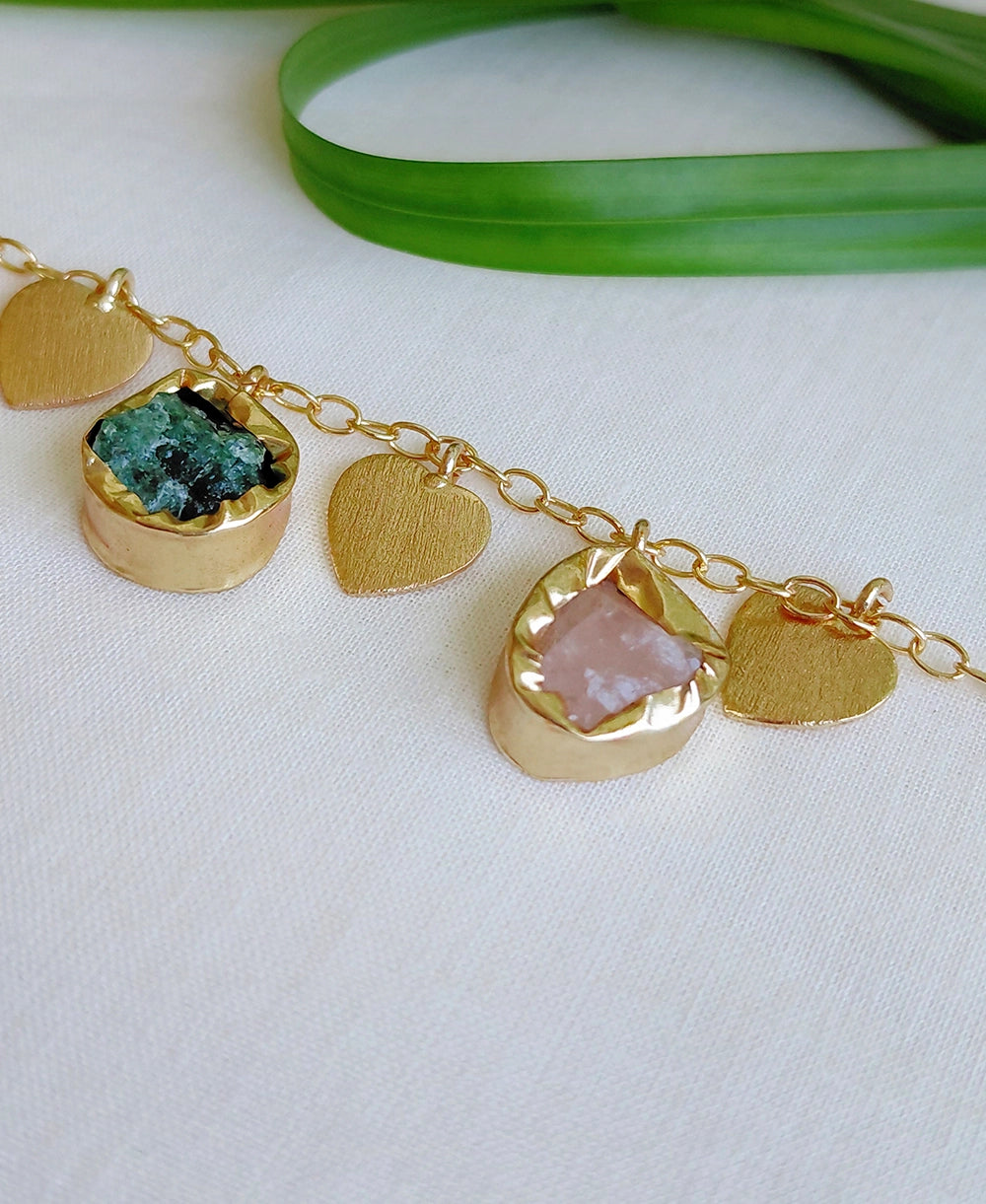 Amour stone charm bracelet with rose quartz and green aventurine charms
