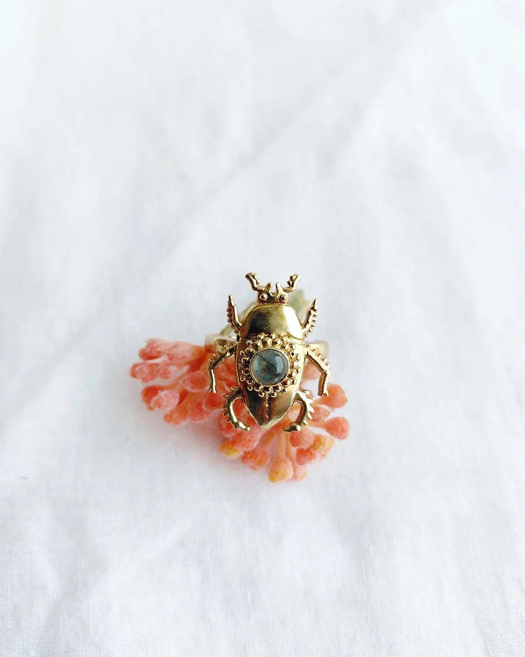 Labradorite Scarab Muse gold plated statement ring on coral flowers