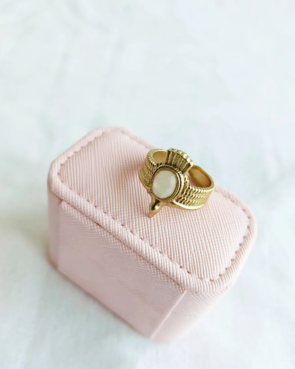 Moonstone Scarab Muse 18K Gold Plated Ring - angled front view