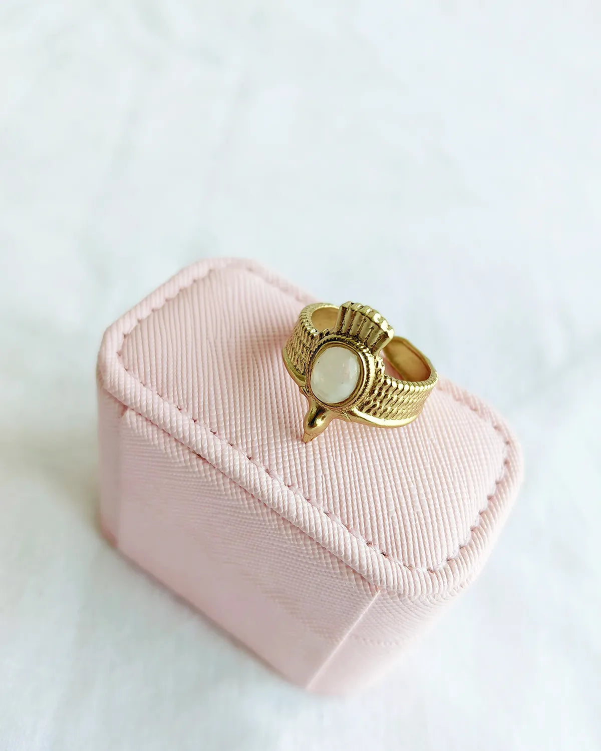 Moonstone Scarab Muse 18K Gold Plated Ring - angled front view