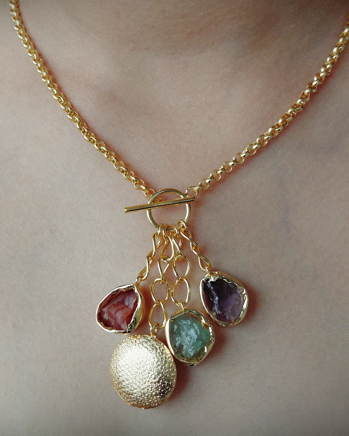 Multistone Gold Charm Necklace worn close-up