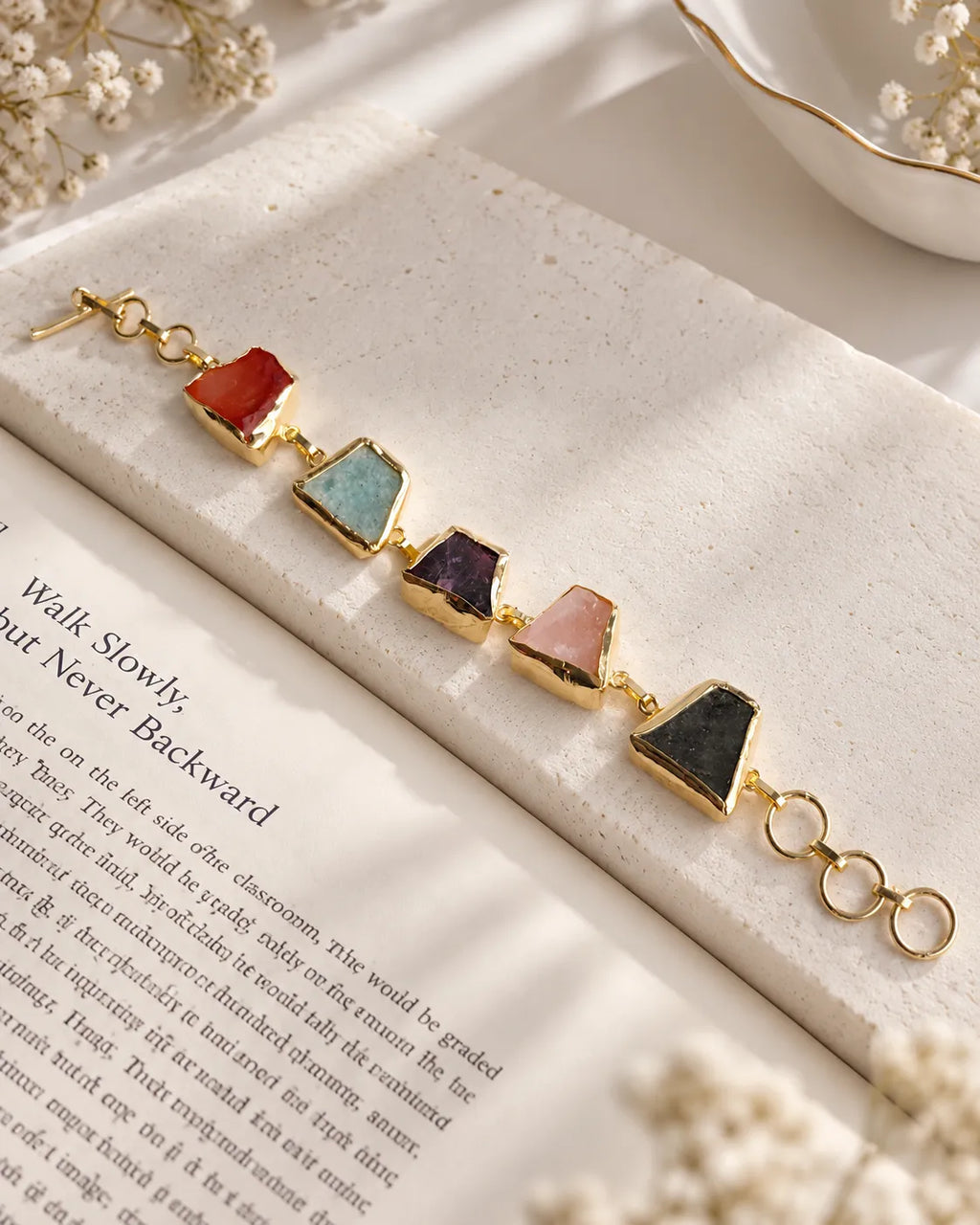 Multistone gemstone bracelet styled on open book