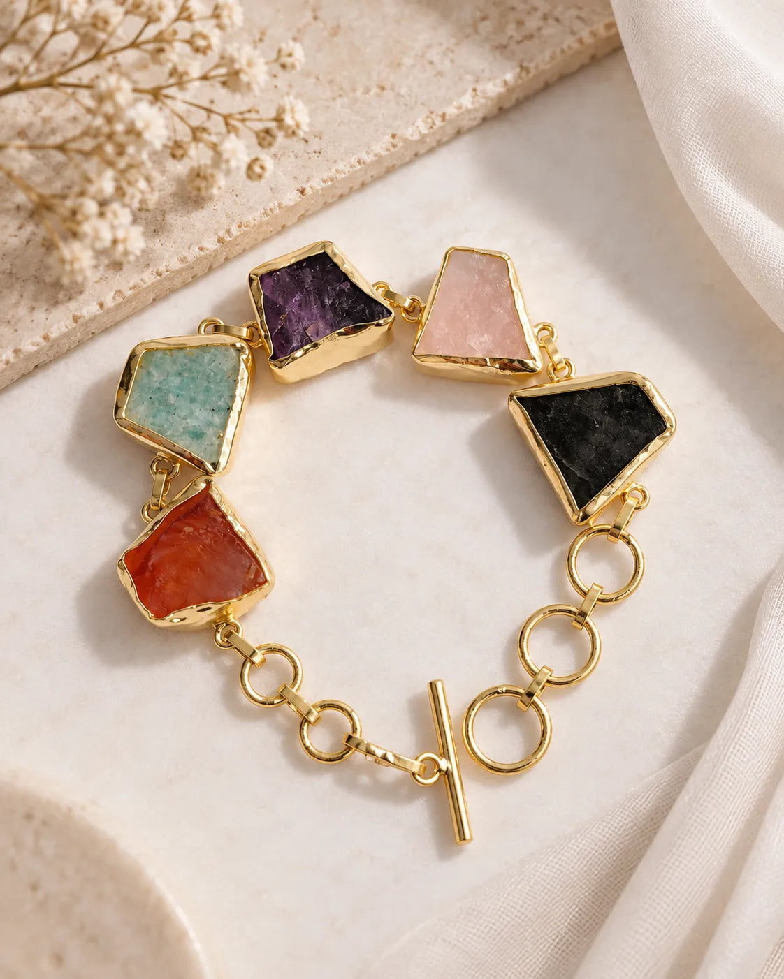 Multistone gemstone bracelet on soft neutral background