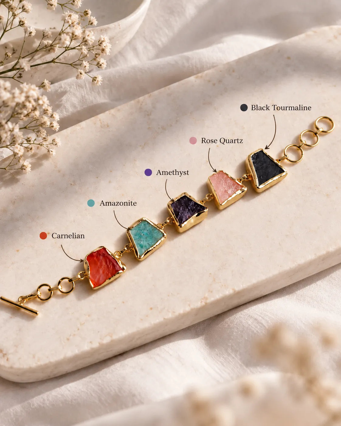 Multistone gemstone bracelet with Carnelian Amazonite Amethyst Rose Quartz and Black Tourmaline
