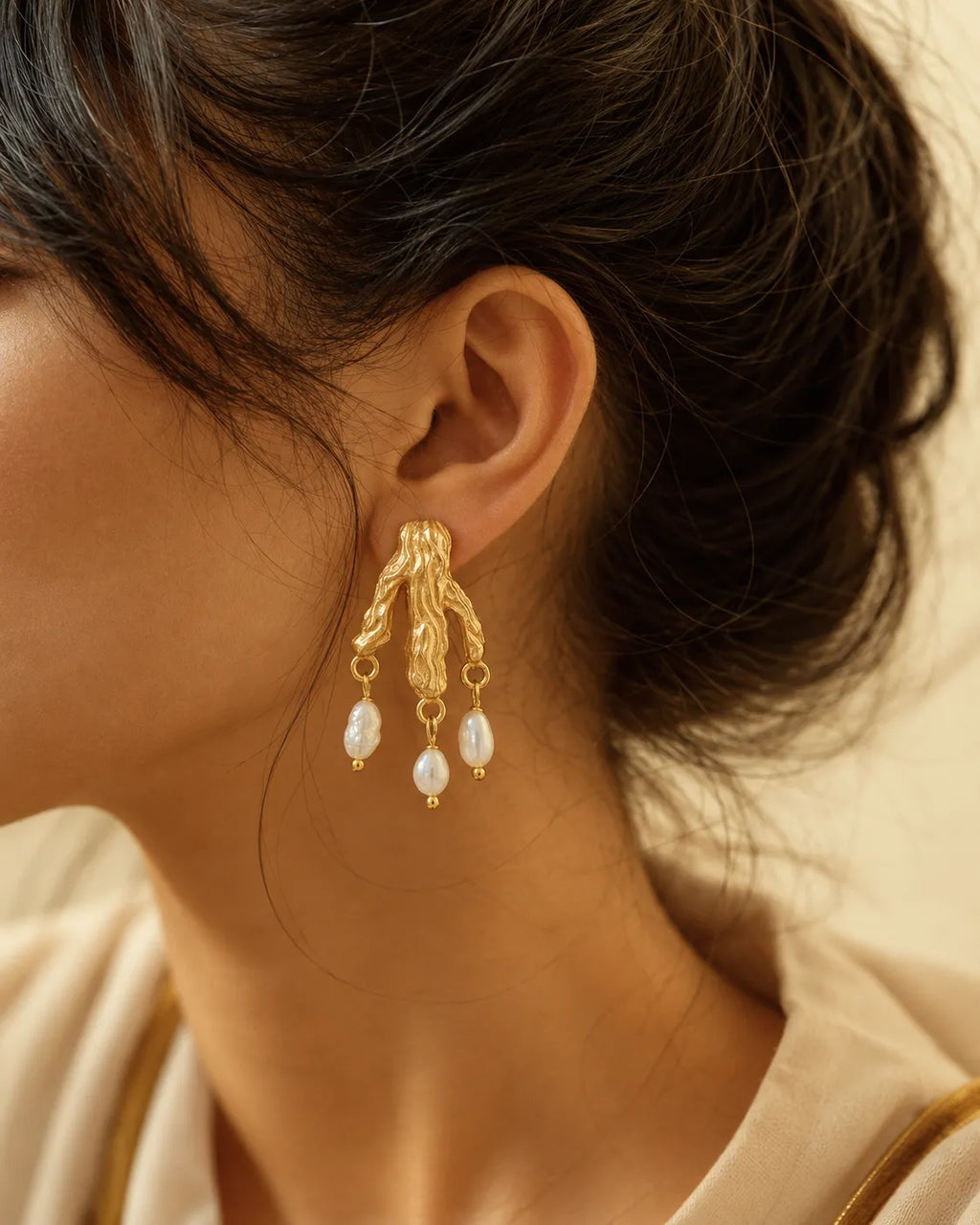 Organic gold pearl drop earrings