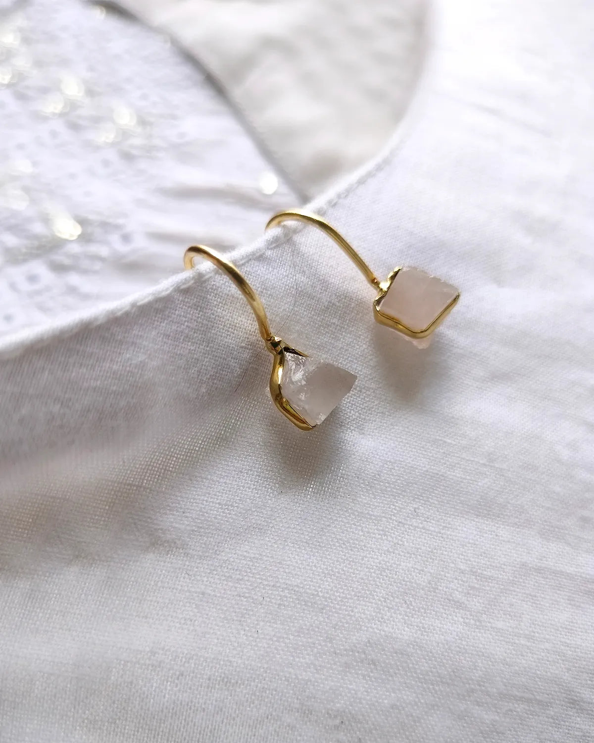 Pale pink raw stone 18K gold-plated hook earrings - view 1