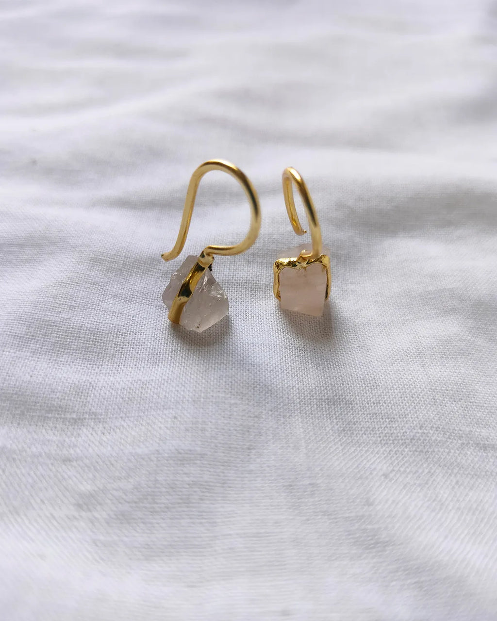 Pale pink raw stone 18K gold-plated hook earrings - view 2