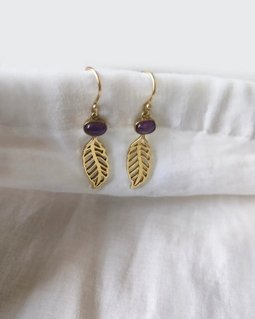 Purple gemstone 18K gold-plated leaf drop earrings - view 1