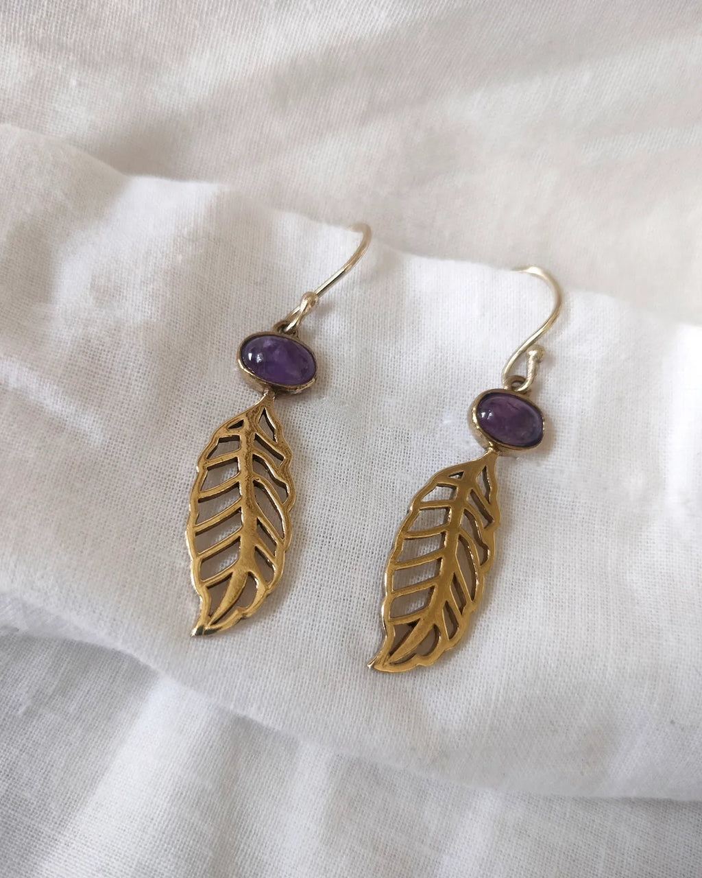 Purple gemstone 18K gold-plated leaf drop earrings - close view