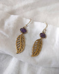 Purple gemstone 18K gold-plated leaf drop earrings - close view