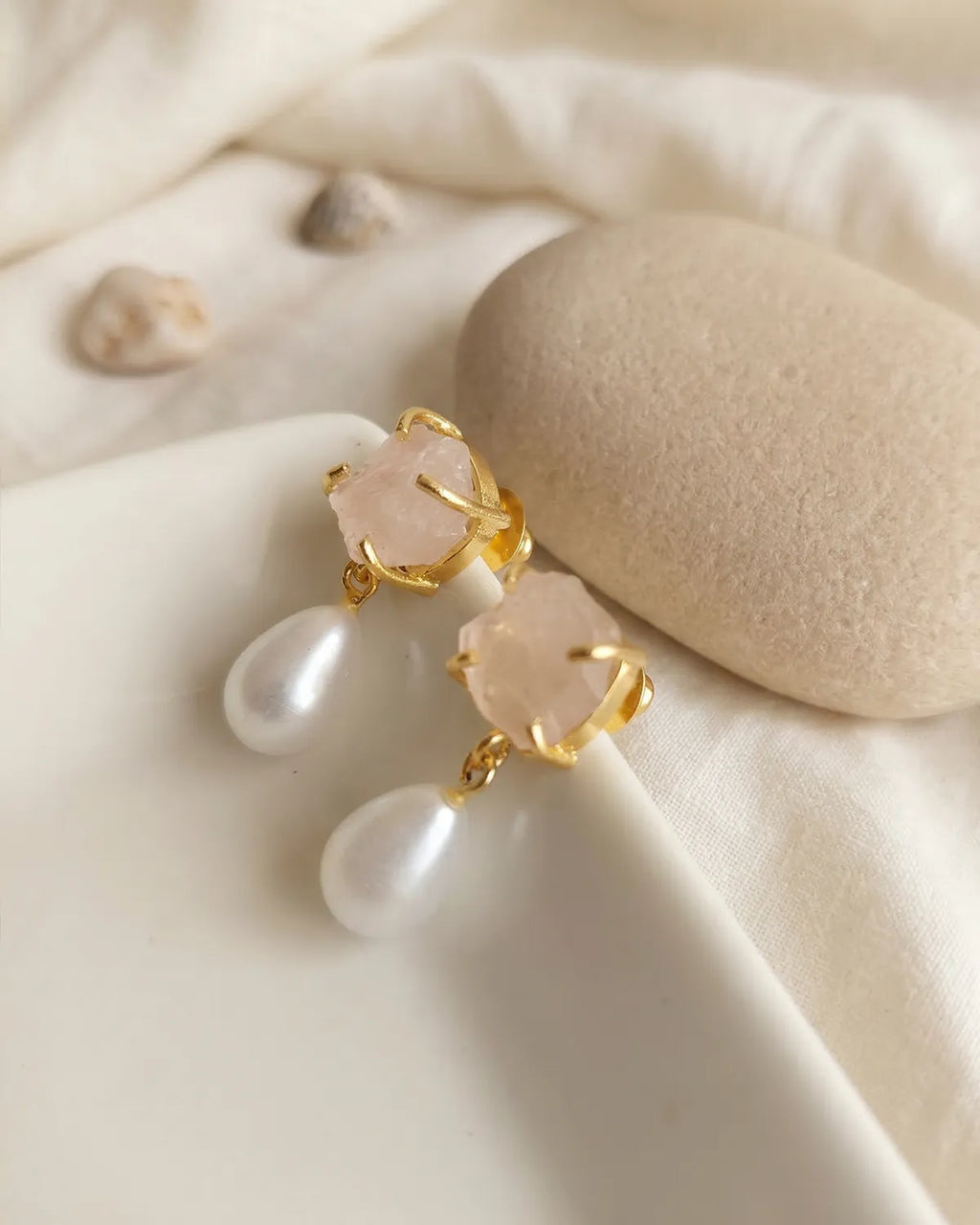 Rose Quartz and pearl drop earrings
