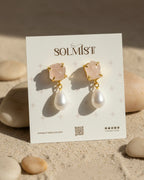 Rose Quartz and pearl drop earrings on Solmist Muse card