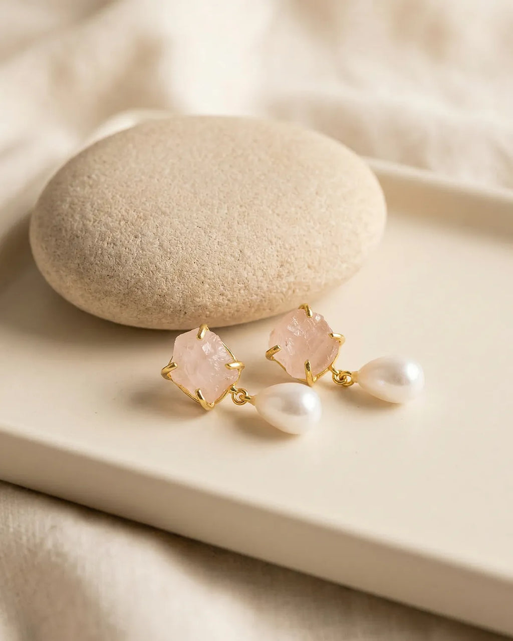 Rose Quartz and pearl drop earrings lifestyle view