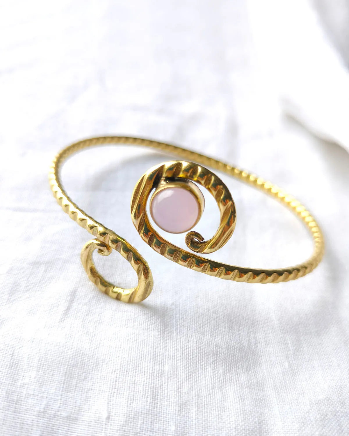 Rose quartz spiral gold cuff bracelet front view