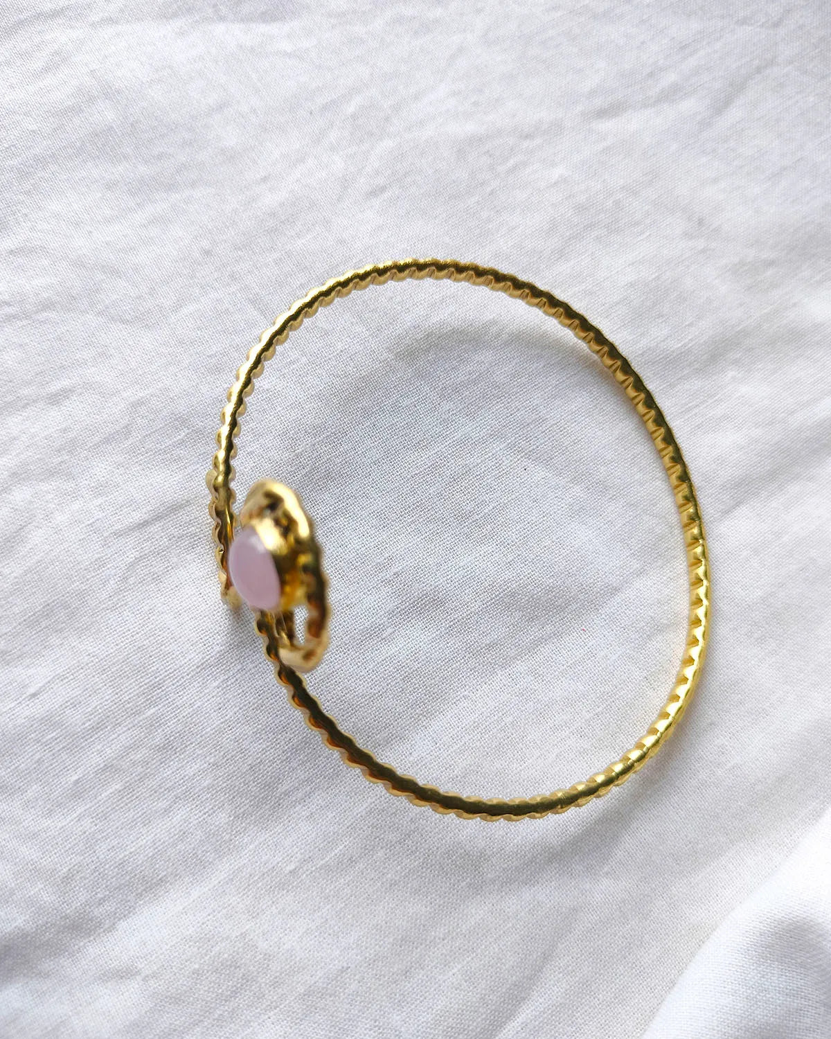Rose quartz spiral gold cuff bracelet top view