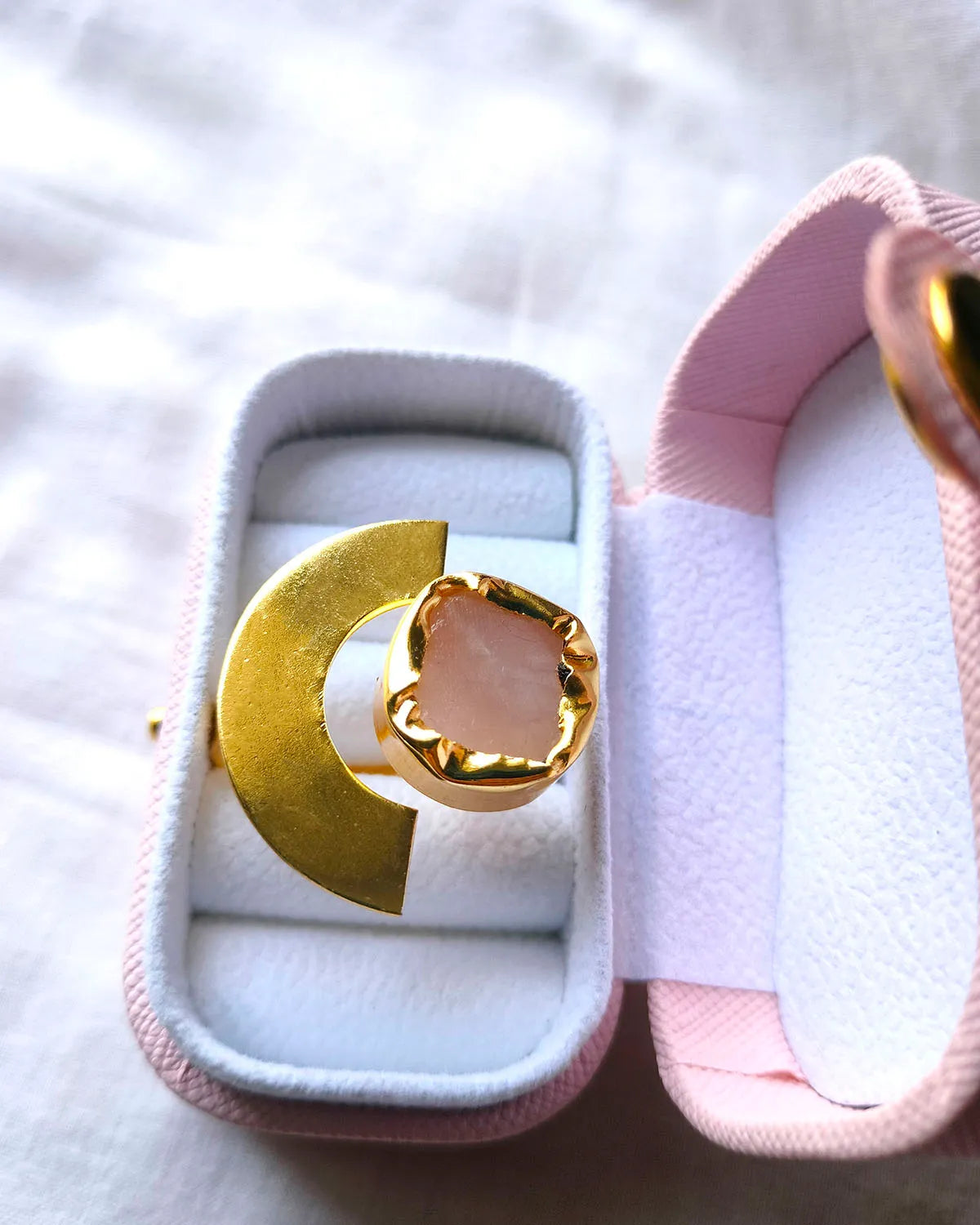 Rose quartz gold statement ring in jewellery box