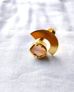 Rose quartz geometric gold statement ring front view