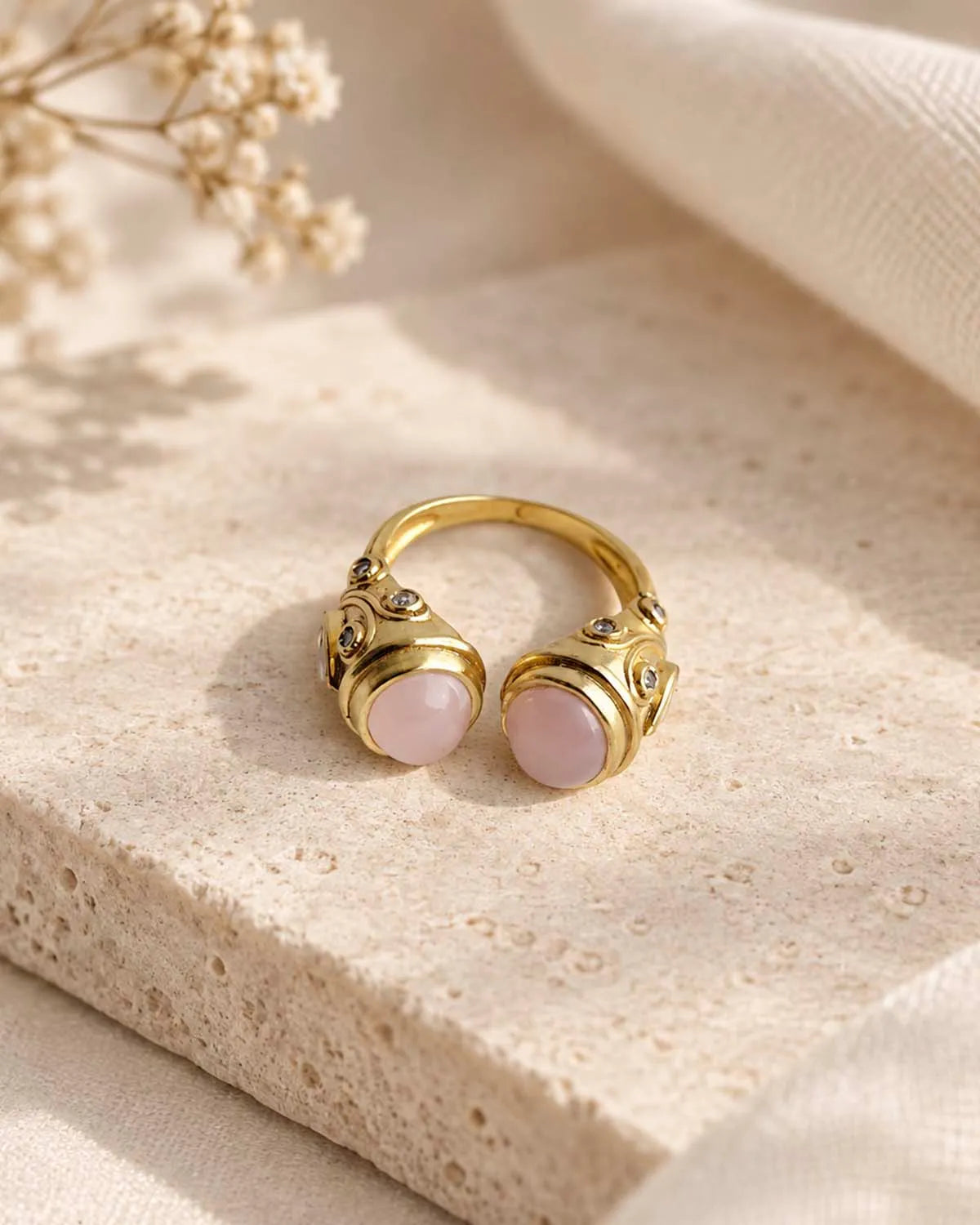 Gold plated twin stone statement ring front view
