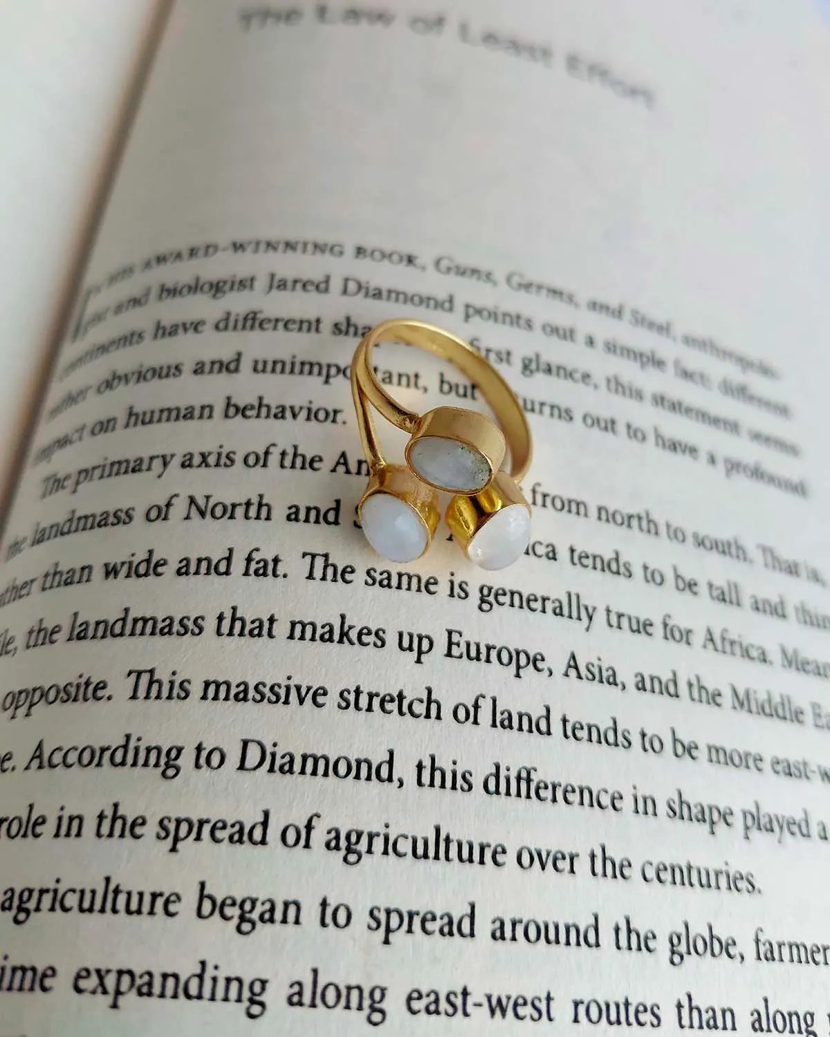 Triple stone gold plated ring styled on book