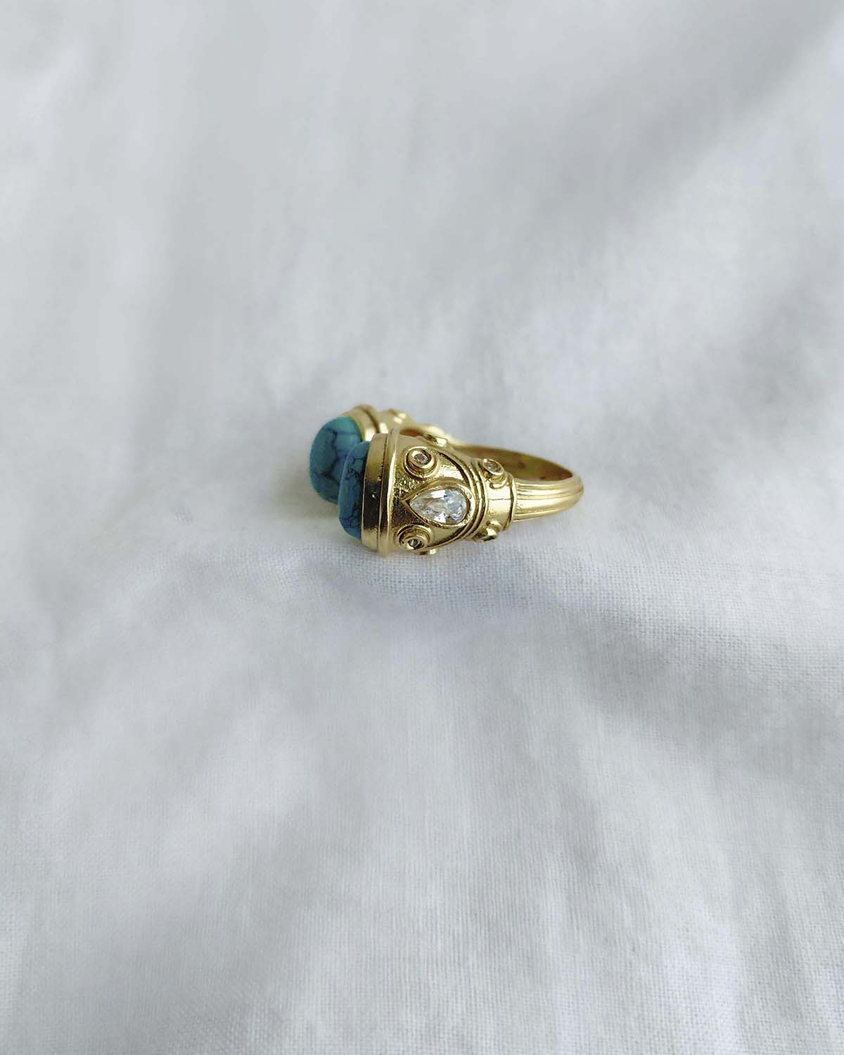 Turquoise double stone gold plated ring side view